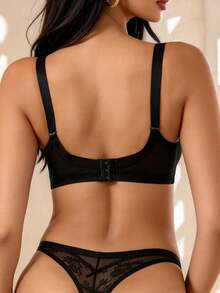 Temptuelle 1pc Women Solid Full Cup Sexy Lace Wire-Free Gather Breathable Thin Lingerie Bra - Black - View 5