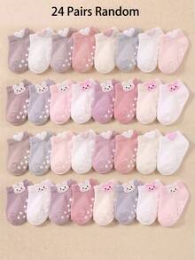 12/24 Pairs Pink Rabbit Jacquard Ear Design Non-Slip Grip Ankle Socks, Toddler Baby First Walker Socks, Soft Breathable Elastic, 0-36M School Baby Socks - Multicolor - View 7