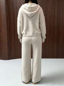 Women's Casual Comfortable Beige Wool Sweater Set, With Drawstring Double Zipper Hoodie And Wide Leg Pants, Essential For Home And Leisure In Autumn/Winter - Apricot - View 6