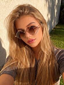 Women's Geometric Diamond Shape Sunglasses, Thin Metal Frame Gradient Lens Retro Fashion UV Protection Shades For Daily Outfit - Multicolor - View 5