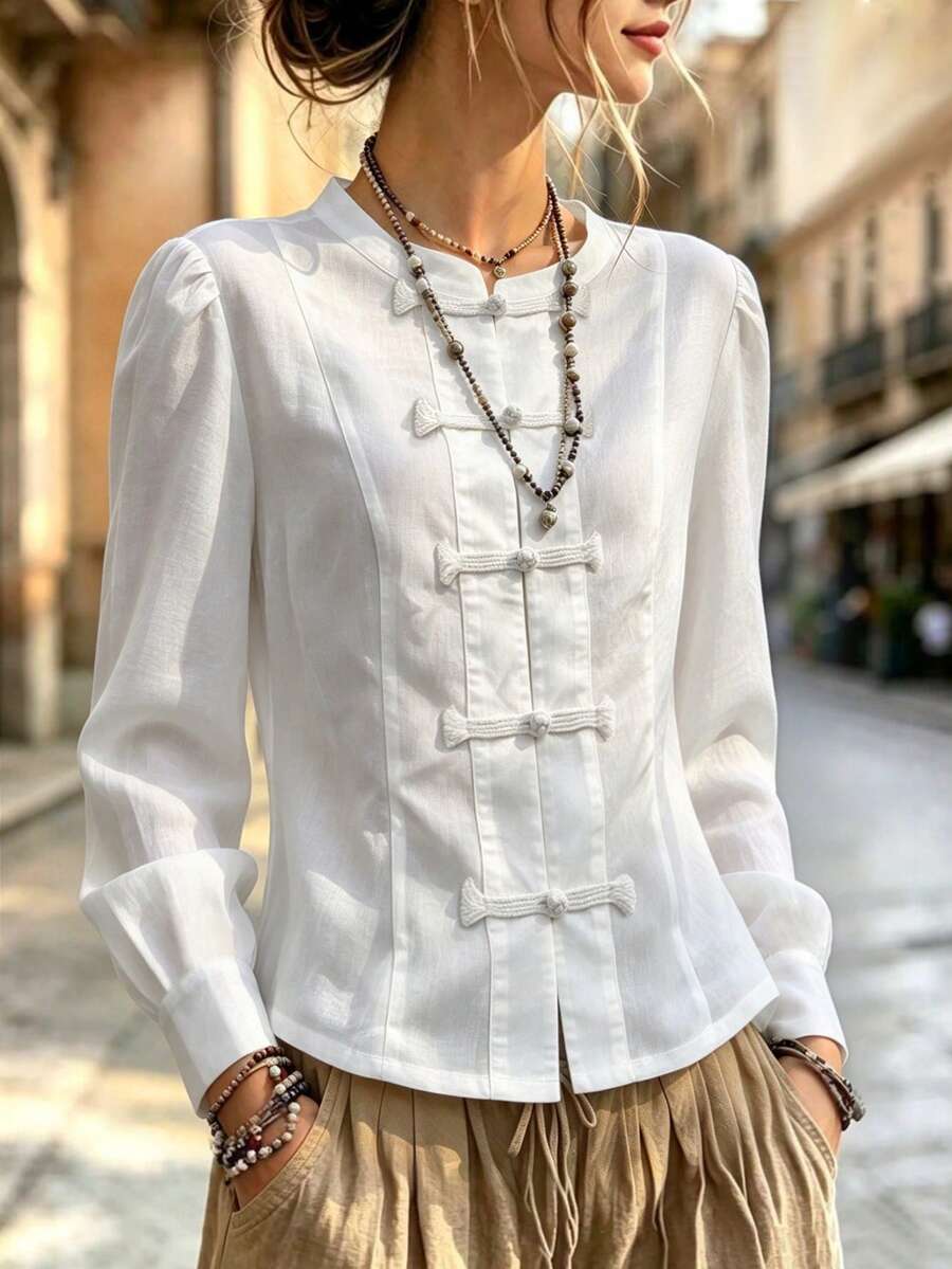 Women's Fashion Elegant Versatile Solid Color Ruffle Trim Round Neck Long Sleeve Daily Blouse - White - View 1