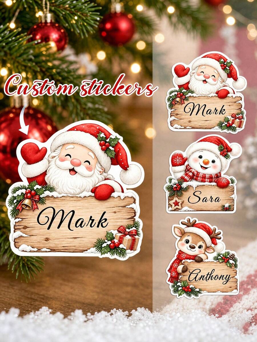 Personalized Custom Christmas Stickers, Multiple Styles Available, Gift Wrapping And Party Custom Labels, Customizable With Names And Other Text, Includes Santa Claus, Snowman, Reindeer, And Other Christmas Element Designs, Christmas Name - Multicolor - View 1