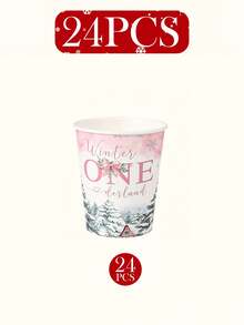 120件組「Winter ONEderland」主題一次性紙製餐具套裝，含7英吋與9英吋餐盤、杯子、餐巾紙與吸管，粉色雪景、聖誕樹、小屋、鹿與蝴蝶結設計，適合1歲生日派對、冬季慶祝、節日聚會及各種節慶桌面裝飾 - 多色2 - 查看 11