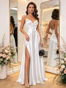 HOMEYEE Women's Fashion Dress Solid Color Spaghetti Strap Elegant Satin Sleeveless High Slit Slim A-Line Cocktail Dresses Wedding White Party Fall - White - View 1