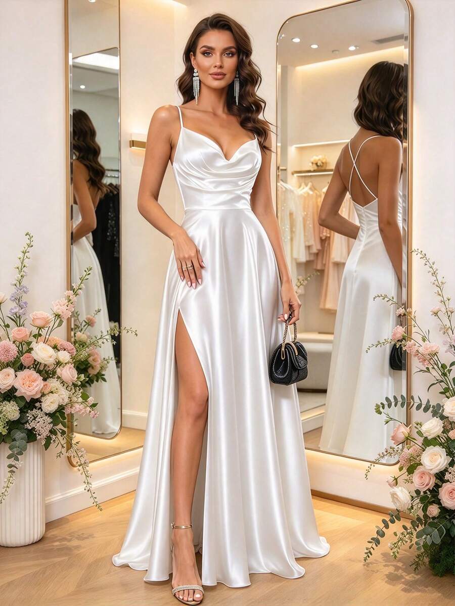 HOMEYEE Women's Fashion Dress Solid Color Spaghetti Strap Elegant Satin Sleeveless High Slit Slim A-Line Cocktail Dresses Wedding White Party Fall - White - View 1