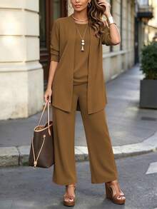 3 Pieces Set: Casual Solid Color Jacket + Round Neck Sleeveless Top + Elastic Waist Straight Leg Pants, Spring/Autumn/Winter Elegant Summer - Khaki - View 3