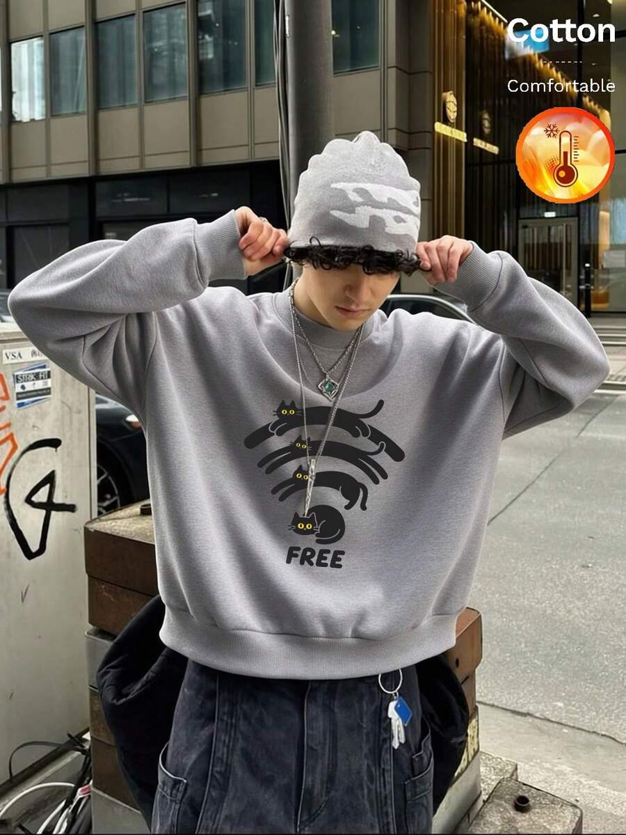 Men's Fleece Crew Neck Sweatshirt, Cat Pattern, "FREE" Text Print, Y2K Style, Autumn/Winter - Heather Gray - View 1