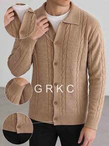 GRKC كارديجان رجالي بأزرار كاملة، أكمام طويلة، أكتاف منخفضة، نسيج مضلع عمودي، أسلوب كوري رجعي، ملابس خارجية للتنقل، ملابس محبوكة، خريف/شتاء - بني - مشاهدة 2