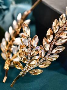 1 Pc Silver Leaf Rhinestone Headband Handmade Wedding Headpiece Sparkly Crystal Hair Hoop For Bride Wedding Evening Party Prom Photoshoot - Multicolor - View 6