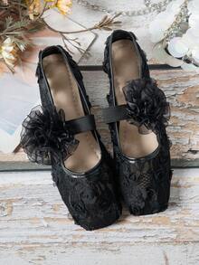 女款黑色網布3D玫瑰瑪麗珍鞋，方頭彈性單條帶復古仙女芭蕾平底鞋 - 黑色 - 查看 4