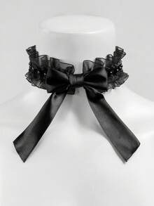 Black Lace Bow Choker Necklace For Women, Gothic Lolita Neck Collar, Dark Sweet Style Ruffle Collarbone Chain, Halloween Cosplay Accessory - A - View 3