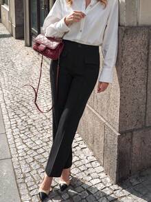 minisummer Women Fall High Waist Flared Work Pants Back Elastic Waist Pocket Detail Office Suit Trousers - Black - View 8