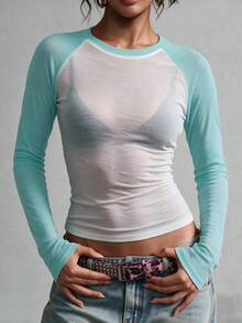 Women Raglan Sleeve Color Block Sheer Mesh Long Sleeve Slim Crop Top, Y2K See Through Fitted Tee For Daily Casual, Streetwear & Going Out - White and Blue - View 1