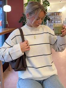 Live To Mo Women's Casual Striped Small Stand Collar Knit Top, Loose Drop Shoulder Long Sleeve Sweater, Suitable For Autumn Back To School, Daily And Outing Wear - Black and White Stripes - View 1