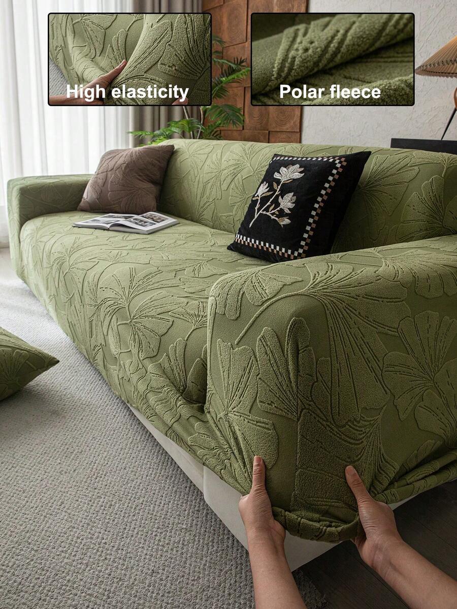 1pc Solid Color Plush Stretch Sofa Cover, Geometric Pattern Design, Foam Rod Fixed Anti-Slip Pet Friendly, Suitable For All Seasons Holiday Decor, Fit For Combination Sofa, Chaise Lounge, Straight Sofa - Green - View 1