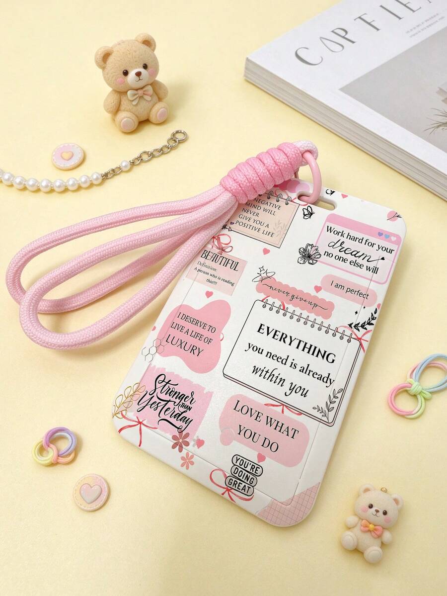 Positive Quote Collage Print Card Holder With Pink Braided Wrist Lanyard, ID Badge Card Case & Short Phone Wrist Strap 2 In 1 Set, Detachable Clasp, Cute Girly Accessory For Women - Pink - View 1