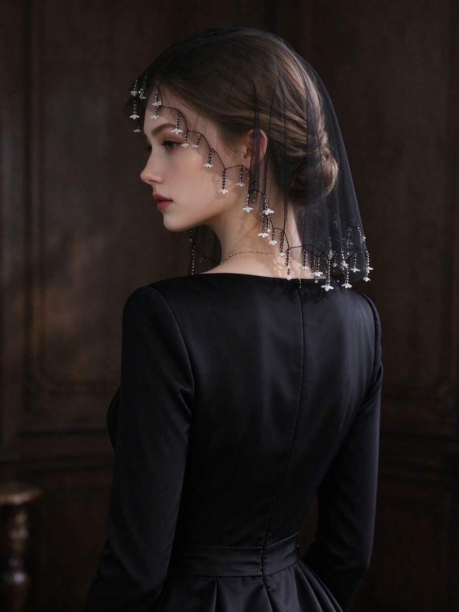 1pc Vintage Black Short Cap Veil With Heavy Floral Bead Chain Pendant, Elegant Dark Bridal Headpiece - Black - View 1