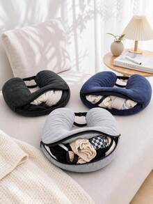 Fillable Travel Neck Pillow – Soft Plush U-Shaped Clothing Storage Pillow For Car & Airplane - Multicolor - View 1