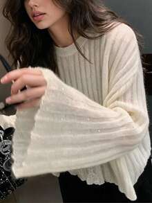 QUNGIGU Women Loose Knit Sweater Crew Neck Flare Long Sleeve Pullover Apparel For Daily Commuting Going Out Dating Fall Winter - Apricot - View 1