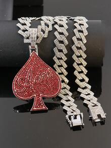 European & American Hip Hop Colorful Full Rhinestone Spade A Pendant Cuban Chain, Personalized Street Style Rhinestone Men's Necklace, Rap Accessory - Silver - View 22