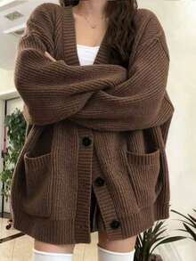 Plus Size Elegant Brown Knit Cardigan, Casual V-Neck Button-Up Cardigan Sweater, Winter Layering Women's Everyday Top - Coffee Brown - View 1