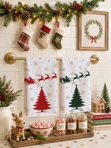 2pcs Gold Snowflake Christmas Tree Santa Claus Sleigh Reindeer Silhouette Pattern Kitchen Towels, 40*60cm Soft Microfiber Material Tea Towels, Suitable For Home Kitchen Restaurant Outdoor Camping Tabletop Cleaning Dish Cloth Hand Towel Accessories, Christmas Theme Kitchen Fabric Towels Holiday Gift - Multicolor - View 2