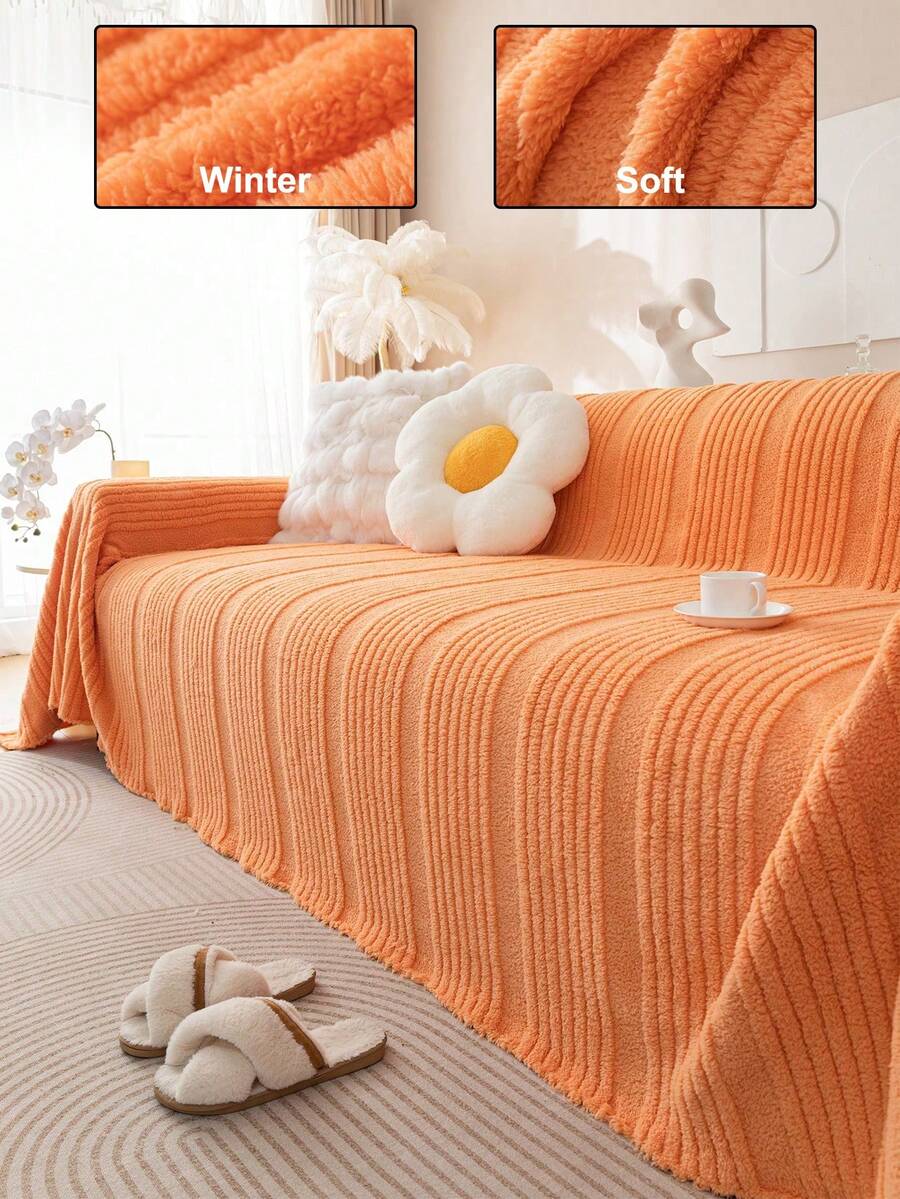 1pc Plush Sofa Cover Blanket, Soft Cotton Plush Material, Comfortable And Cozy, Old Sofa Renovation Protection, Sofa Blanket, Bed Blanket, Universal Winter Warmth - Orange - View 1