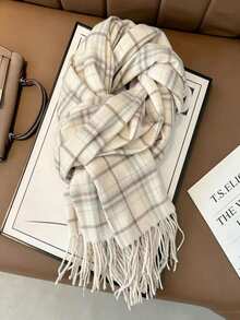 1pc Women's Elegant Knitted Tassel Scarf - Comfortable, Windproof, Warm, Suitable For Autumn/Winter | Ideal Holiday Gift - White Plaid - View 2