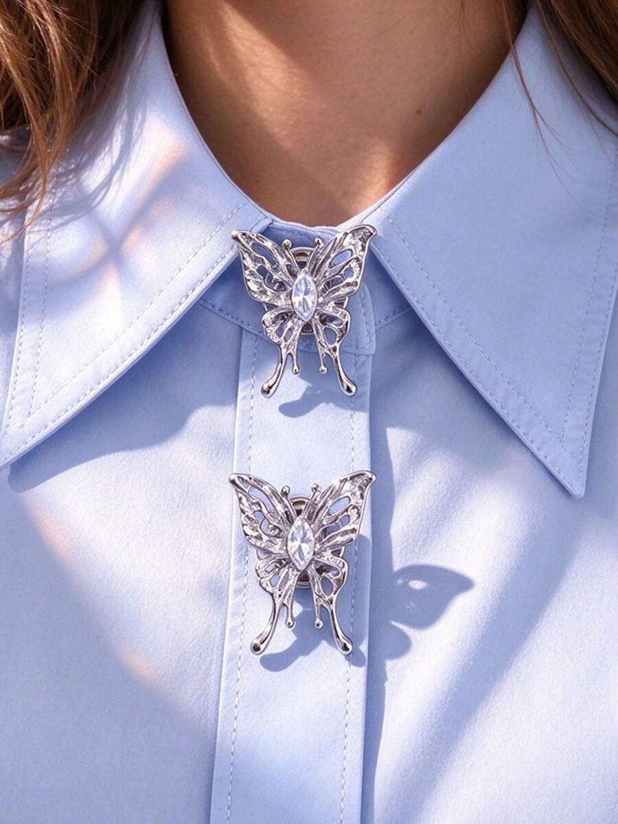 1pc / 2pcs Elegant Butterfly Button Cover, Shirt No-Sew Button Cover, Decorative Button, Fashion Crystal Cufflinks Cover - Silver - View 1