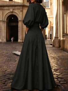 Solid Color Printed Belt Decor V-Neck Puff Sleeve A-Line Long Dress Black Elegant Summer - Black - View 3