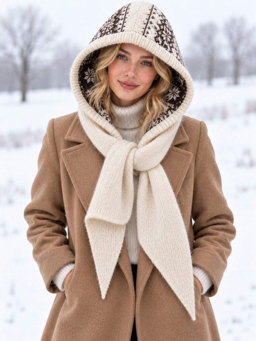 1pc Women's Pattern Hooded Knit Warm Decorative Casual Cute Style Hooded Scarf Suitable For Skiing, Outdoor, Outing In Autumn/Winter - Multicolor - View 1