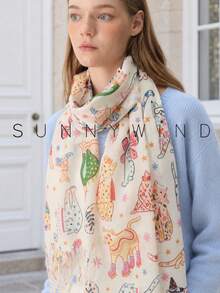 1pc Women's Cute Cartoon Kitten Animal Pattern Polyester Scarf, Sweet & Versatile Fashion Accessory For All Seasons Daily Wear - White - View 3