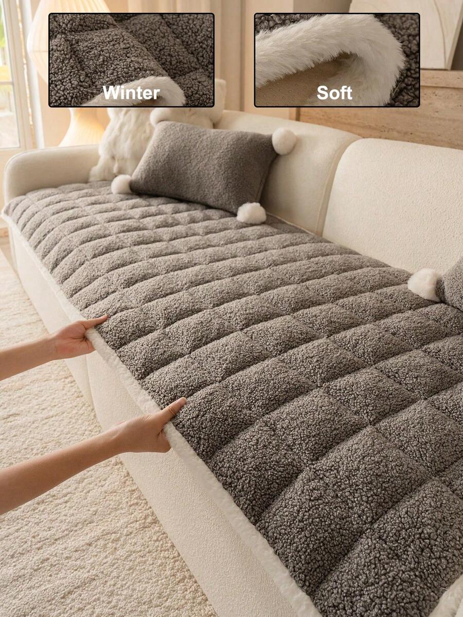 1pc Modern Minimalist Plush Sofa Cover, Fashionable Geometric Pattern Design Sofa Protector, Anti-Slip, Anti-Scratch, Anti-Dust, Stain-Resistant, Pet-Friendly Sofa Pad, Suitable For 1, 2, 3, 4-Seater And L-Shaped Sofas, All-Season Living Room Sofa Cover, Machine Washable, Hand Washable, Dry Cleanable, Holiday Decoration - Dark Grey - View 1