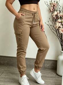 Spring/Autumn New Plus Size Women's Fashion Elegant Versatile Solid Color Minimalist Pocket Elastic Waist Drawstring Cargo Pants, Lightweight Polyester Slightly Stretchy Soft Fabric - Khaki Brown - View 3