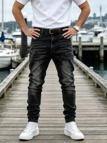 Men's Black Stretch Casual Jeans, Suitable For All Seasons, Slim Fit, Versatile - Grey - View 4