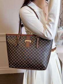 女款大容量印花托特包，經典單肩手提包，時尚通勤購物日常女包 - 咖啡 - 查看 8