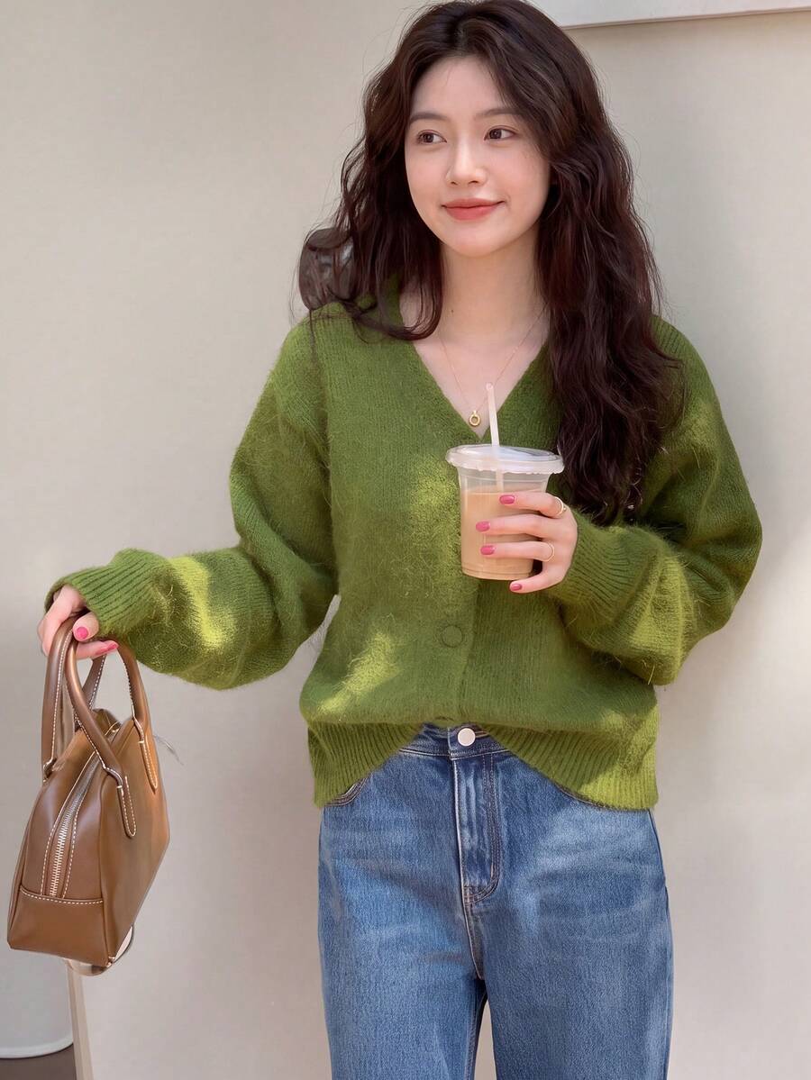 Solid Drop Shoulder Button Through Cardigan,Long Sleeve Tops Casual Fall - Green - View 1