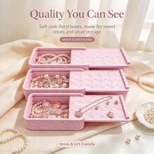 3pcs/1pc Pink Floral Embossed Sliding Lid Jewelry Storage Box, Aesthetic Desktop Trinket Organizer, Holder For Necklaces, Earrings, Rings & Pearls, Cute Home Decor & Gift For Women Girls - Multicolor - View 2