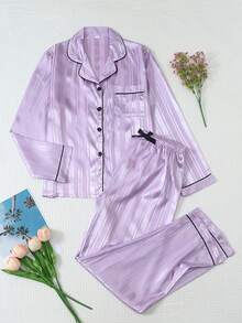 2 Pieces Satin Striped Pajama Set, Sweet & Cute Lapel Button-Up Long Sleeve Top And Pants, Women's Sleepwear And Loungewear For Home Use - Purple - View 3