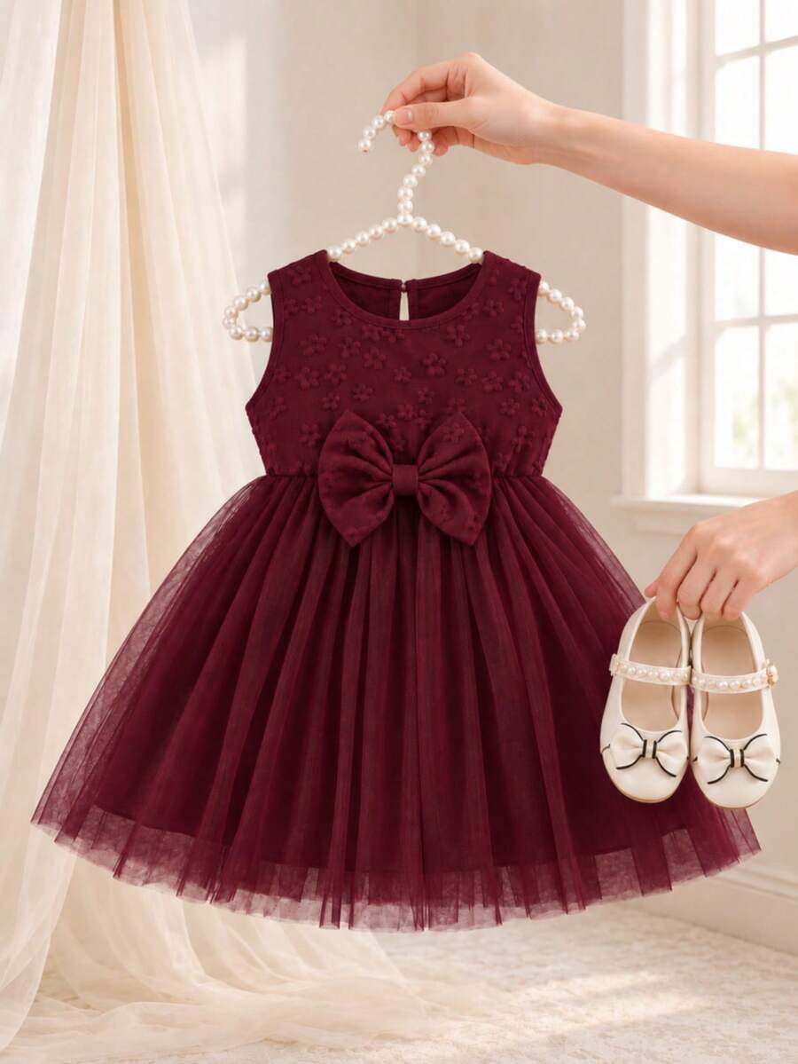 Summer Baby Girls Cute Textured Snowflake Pattern Bow Decor Mesh Overlay Dress - Burgundy - View 1