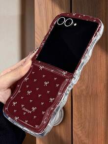 New Full-Screen Small Bow Pattern Burgundy Phone Case, Compatible With Samsung Galaxy Z Flip8 ZFlip 7 Z Flip6 ZFlip 5, Soft Creative Anti-Drop Wavy Protective Shell - Burgundy - View 4