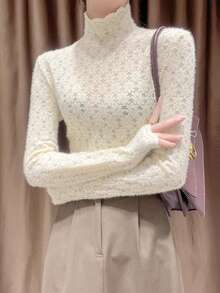 Women's New Autumn/Winter Brushed Lace Layering Base Top, High-End Semi-High Neck Blouse - Apricot - View 3