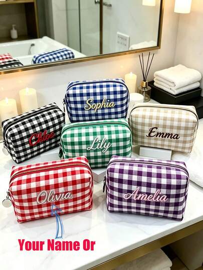 1PC Personalized Embroidered Plaid Makeup Bag, Jewelry Storage Bag, Letter Combination Makeup Bag, Toiletry Bag, Graduation Gift, Customizable Letter Pattern Makeup Bag, Embroidered Toiletry Bag, Bridesmaid Gift, Wedding Gift, Women's Gift, Makeup Bag, Mother's Day Gift, Gift For Her