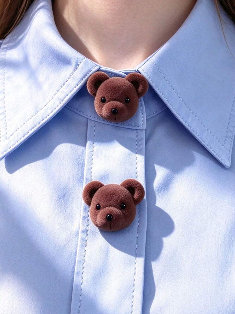 1pc/2pcs Cute Bear Head Button Cover, Shirt Button Cover Clip-On Button Cover, Fashion Crystal Cufflinks Cover - Brown - View 1