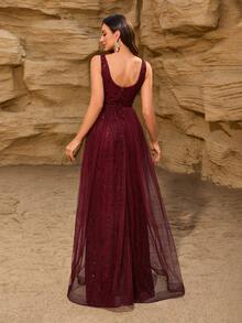 Elegant Mermaid Style Formal Evening Gown, Women's Sleeveless V-Neck Contrast Color Sequin Mesh Party Dress, Suitable For Prom, Wedding Guest, Graduation Ceremony, Autumn - Burgundy - View 6