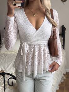 SCARLUX Women's Y2K Lace Top, Floral Lace, Fitted V-Neck Side Tie Ruffle Top, Suitable For Back To School, Streetwear, Daily Commute - White - View 3