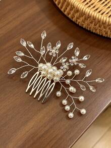1pc Bridal Elegant Rhinestone & Pearl Hair Comb, Handmade Twisted Wire Leaf Metal Hair Comb, Banquet Wedding Updo Hair Accessory - Multicolor - View 4