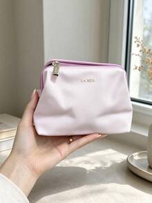 La Mer LAMER Light Pink Trapezoid Cosmetic Pouch, Zipper Makeup Storage Bag, Portable Travel Toiletry Organizer Gift Bag - Baby Pink - View 7