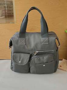 Tas jinjing nilon abu-abu dengan banyak kantong, desain kancing jepret dan resleting, kapasitas besar, tas selempang, ringan, tas bahu kasual untuk bepergian. - Grey - View 6
