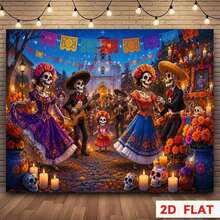 1pc 2D Flat Mexican Day Of The Dead Marigold Background Cloth, Polyester Material, Marigold And Skeleton Dance Design, Suitable For Day Of The Dead Memorial Party, Mexican Theme Event, Halloween Decoration And Party Setup - A - View 8